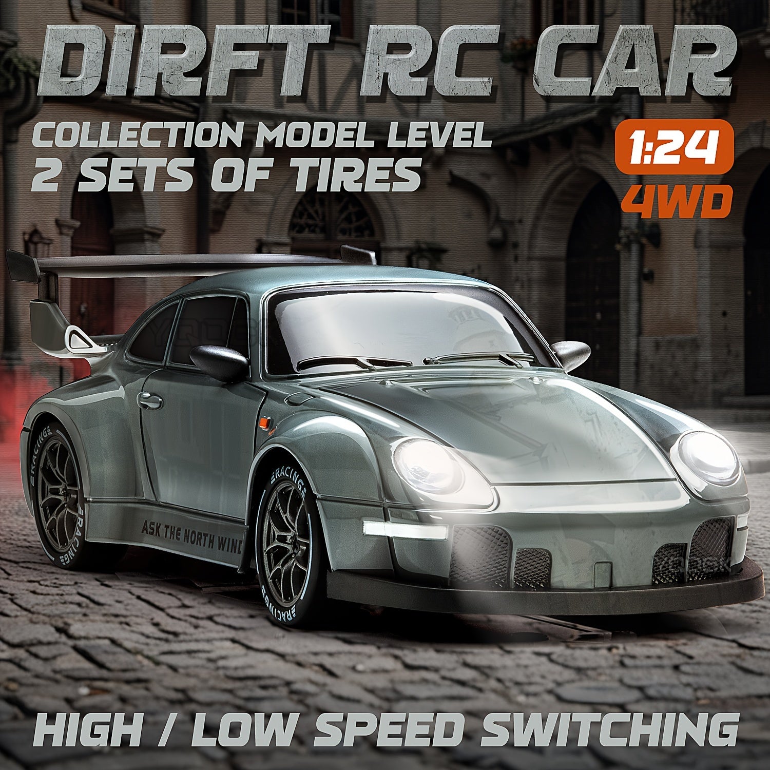 High-Speed 4WD RC Drift Car with Lights, Tires & Road Barrier Tool - Rechargeable 500mAh Battery